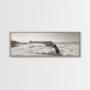 Revolver On Beach, Western Vibes, Americana Style, Framed Canvas Print, Man Cave Wall Art, Bold Statement Decor, Coastal Contrast