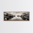 Rock Reflection, Coastal Tranquility, Nature Mirror, Framed Canvas Print, black and white coastal art, zen bathroom decor, moody ocean wall art
