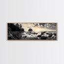 Sunset Shoreline, Moody Rocks, Forested Coast, Framed Canvas Print, nature lover gift, fall coastal art, rustic bathroom wall decor