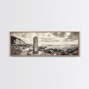 Coastal Stone Marker, Vintage Landscape, Ocean Bluff Wall Art, Sepia Tone Style, Canvas Print, Rustic Living Room Decor
