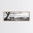 Quiet Lake Bench, Peaceful Reflection, Nature Photography, Framed Canvas Print, Serene Bedroom Decor, Minimalist Living Room Wall Art