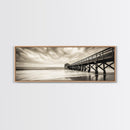 Pier at Dusk, Ocean Boardwalk, Stormy Beach Horizon, Framed Canvas Print, Moody Coastal Wall Art, Nautical Living Room Decor