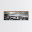 Rocky Beach, Driftwood Crate, Stormy Sky Seascape, Framed Canvas Print, Coastal Rustic Decor, Bathroom Wall Art, Monochrome Style