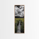 Yellow Field, Mountain Trail, Alpine Meadow, Bright Sky Framed Canvas Print, nature lover gift, landscape wall decor, cabin wall art