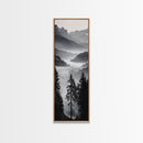 Foggy Mountains, Pine Forest, Valley Mist, Calm Landscape, Canvas Print, entryway wall art, cozy cabin vibes, grayscale art style