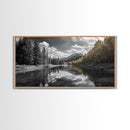 Lake, Mountains, Trees, Reflective mountain lake landscape in this Framed Canvas Print, peaceful Nature Lover Living Room Wall Art