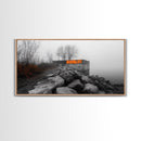 Fog Wall, Concrete Graffiti, Misty Lake Path, Framed Canvas Print, Urban Nature Blend, Moody Art, Hallway Decor, Modern Grayscale Style