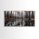 Reflected Forest, Orange Leaves, Tranquil River, Monochrome Fall, Canvas Print, Rustic Decor, Bedroom Wall Art, Woodland Scene