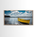 Yellow Rowboat, Calm Waters, Blue Sky, Sunny Lake – Framed Canvas Print, Summer Wall Art, Coastal Decor, Modern Nautical Style
