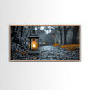 Lantern Glow, Forest Trail, Autumn Leaves, Soft Light, Framed Canvas Print, Fall Wall Art, Rustic Entryway Decor, Nature Photography Print
