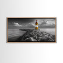 Yellow Lighthouse, Stone Jetty, Coastal Clouds, Nautical Scene, Framed Canvas Print, Coastal Wall Art, Office Decor, Lighthouse Photography