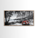 Red Picnic Table, Lakeside Spot, Forest Escape, Outdoor Moment, Framed Canvas Print nature wall art, rustic cabin decor, adventure print