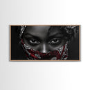 Fierce Eyes, Red Bandana, Bold Portrait, Afro Art, Framed Canvas Print, Bedroom Wall Art, Powerful Gaze, Monochrome With Red Accent