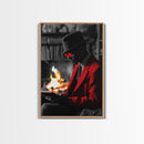 Red Jacket, Reading Firelight, Cozy Vibes, Stylish Man, Framed Canvas Print, Fall Wall Art, Office Decor, Modern Masculine Art