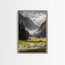 Yellow Meadow Valley, Foggy Mountain Scene, Serene Landscape Photography, Framed Canvas Print, Nature Lover Living Room Wall Art