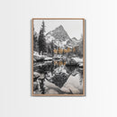 Snow Reflection Forest, Autumn Trees, Serene Mountain River, Framed Canvas Print, Bedroom Wall Art, Peaceful Cabin Scene, Fall Art