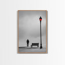 Red Street Lamp, Snowy Walkway, Silhouette Scene, Framed Canvas Print, Moody Wall Art, Minimalist Decor, Winter Vibes, Bedroom Accent