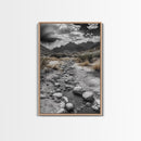 Desert Stream, Rocky Canyon, Moody Sky, Framed Canvas Print, Monochrome Landscape, Minimalist Art, Office or Entryway Decor