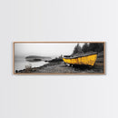 Yellow Rowboat Scene, Misty Coastal Landscape, Abandoned Boat Art, Framed Canvas Print, Rustic Nautical, Office Wall Art