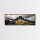 Black Mountain Peak, Moody Sky, Bold Yellow Hillside, Framed Canvas Print, Nature Art, Bedroom Wall Decor, Modern Landscape Print