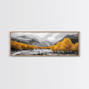 Golden Trees Trail, Snowy Peaks, Serene Landscape, Framed Canvas Print, Autumn Home Decor, Cozy Wall Art, Cabin Aesthetic
