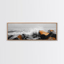 Orange Splash Rocks, Coastal Waves, Sea Spray Art, Canvas Print, Modern Beach Decor, Nature Wall Art, Bold Ocean Landscape
