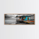 Rustic Shack, Ocean Pier, Stormy Skies, Tropical Retreat, Framed Canvas Print, Nautical Wall Art, Beach Cabin Decor, Lake House Style