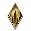 Retro Futuristic City Diamond Shaped Canvas Textured Print, Vintage Sci-Fi Architecture, Sepia Space Age Urban Wall Artwork