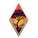 Retro Tree Horizon – Diamond Shaped Sunset Silhouette Canvas Embossed Print with Bold Colors and Stylized Nature Illustration