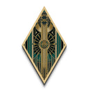 Emerald Axis Radiance – Diamond Shaped Canvas Embossed Print in gold green teal art deco, luxury retro wall accent with celestial symmetry
