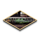Graffiti Train Scene – Diamond Shaped Canvas Art Print with abandoned urban train, grunge graffiti photography, street art inspired wall piece