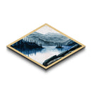 Tranquil Mountain View Diamond Shaped Canvas Textured Print with peaceful lake scene, forest landscape painting, rustic wall decor