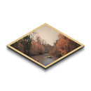 Autumn River Scene – Diamond Shaped Canvas Textured Print, Rustic Wall Art, Fall Landscape Decor, Nature-Inspired Gift, Cabin Living Room