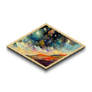Enchanted Forest Path Diamond Shaped Canvas Embossed Print, glowing staircase fantasy decor, dreamy woodland surreal artwork