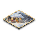 Winter Cabin Cheer – Diamond Shaped Canvas Textured Print snowy log cabin Christmas rustic winter holiday home decor cozy forest scene
