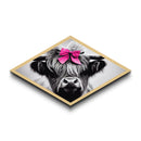 Diamond Shaped Highland Cow — Black and White Animal Portrait Canvas Textured Print, Farmhouse Decor, Pink Bow Nursery Art