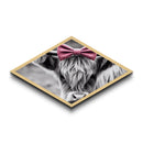 Diamond Shaped Cow Glance — Monochrome Highland Cow Canvas Textured Print, Farm Wall Decor, Whimsical Animal Art with Bow