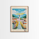 Tatabánya Hungary Travel Poster Framed Canvas Print, Midcentury Modern Art, Pop Art Wall Decor, Living Room Art, Vacation Gift