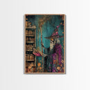 Halloween Eerie Wizard in Haunted Library Framed Canvas Print, Gothic Wall Art, Home Decor, Witchcraft Decor, Gift Idea, Enchanted Study