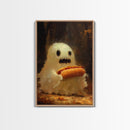 CHOMP! Cute Lil Ghost Eatin' a Dog, The Hot Dog Ghost, Haunted Hot Dog Thief, Framed Canvas Print, Halloween Art