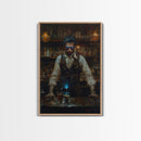 Mysterious Bartender with Glowing Eyes - Halloween Wall Art - Spooky Home Decor - Creepy Bar Scene - Unique Halloween Decoration