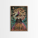 Whimsical Witch with Bats Under Full Moon, Framed Canvas Print, Spooky Halloween Art, Witch Decor, Magical Night, Enchanted Home Decor