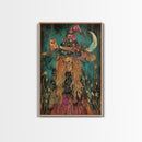 Witch with Black Cat and Moon - Halloween Art, Gothic Art, Spooky Decor, Dark Magic Art, Ominous Portrait, Moonlit Night Framed Canvas Print