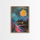 Spooky Village Framed Canvas Print, Halloween Wall Art, Haunted House Art, Gothic Night Decor, Spooky Moonlight, Halloween Home Decor