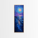 Vibrant Night Sky Over the Ocean with Full Moon, Skinny and Tall Art, Bold and Colorful Framed Canvas Print, Landscape Wall Art
