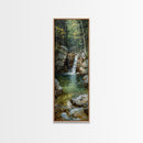 Framed Canvas Print Skinny Art of a Serene Waterfall Cascading into a Tranquil Pool in a Lush Forest Landscape, Perfect Tall Art for Nature Lovers