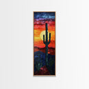Desert Landscape with Saguaro Cactus Silhouette Against a Fiery Sunset on a Framed Canvas Print Skinny Art Piece