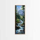 Majestic Mountain Stream In A Serene Forest Landscape, Farmhouse And Minimalist Art Style, Boho Wall Art In Tall Canvas Print