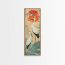 Tall Japanese Cranes Under a Vibrant Red Sun Ukiyo-e Art Skinny Framed Canvas Print Traditional Japanese Nature Scene