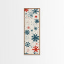 Festive Snowflakes In Red, Blue, And White On A Cream Background, Skinny Art Tall Wall Art Framed Canvas Print Japanese Style Art